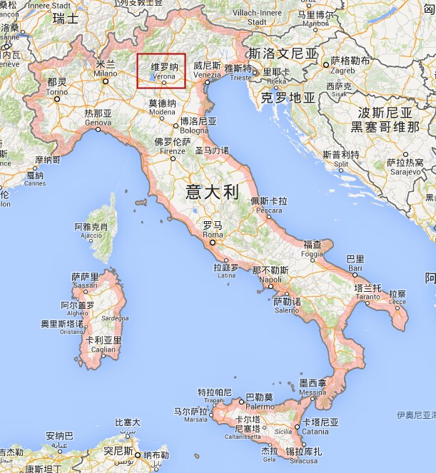 (意大利地图,红框处为维罗纳)