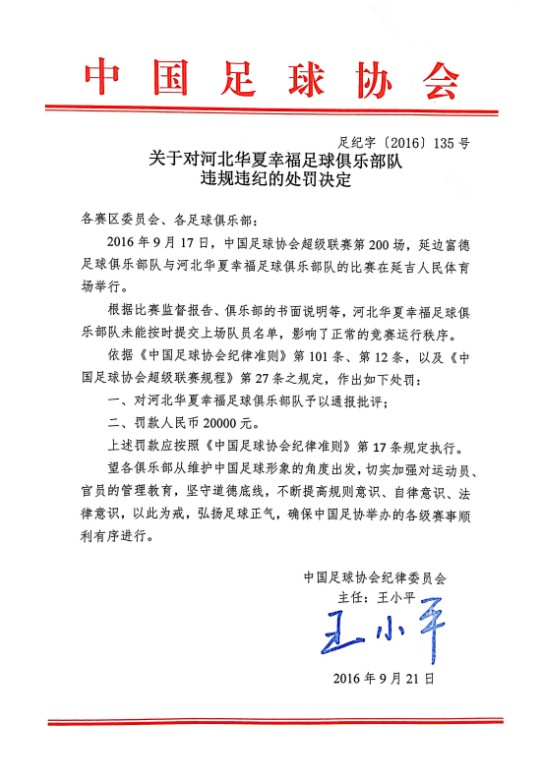 未按时提交球员名单,河北华夏幸福被罚两万元