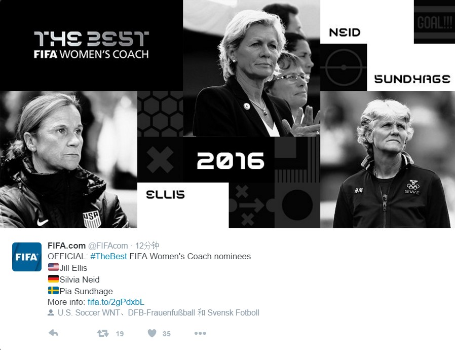 官方:国际足联公布2016年女足最佳教练提名名