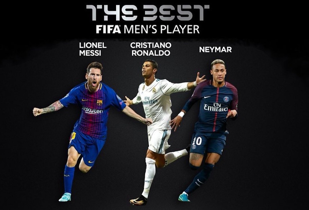 2017年FIFA世界足球先生三人候选:C罗、梅西