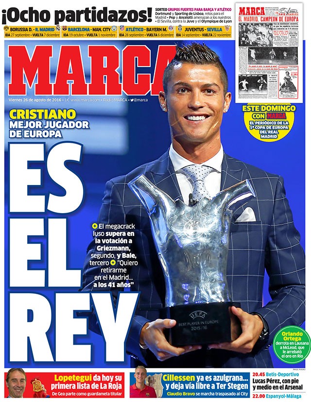 c罗毫无悬念当选上赛季欧足联的最佳球员;而巴萨在欧冠小组赛即将遭遇