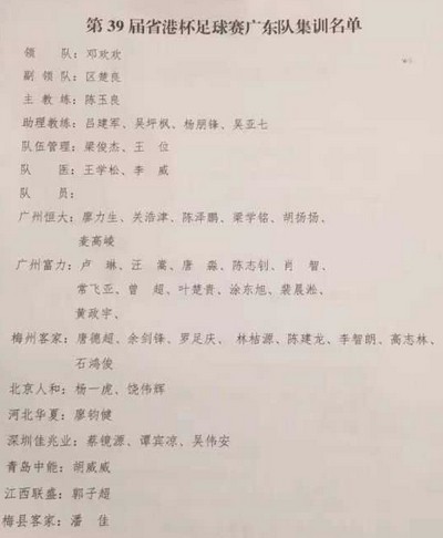 省港杯广东队名单:富力多名主力入选,廖力生陈