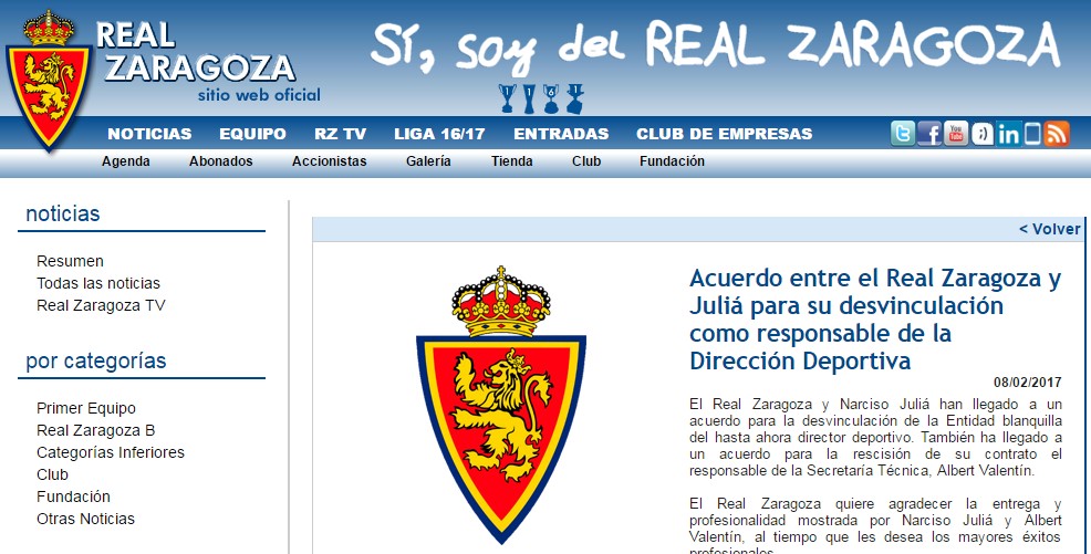 皇家萨拉戈萨俱乐部宣布,与总监纳尔奇索-胡利亚就解约达成一致,球队