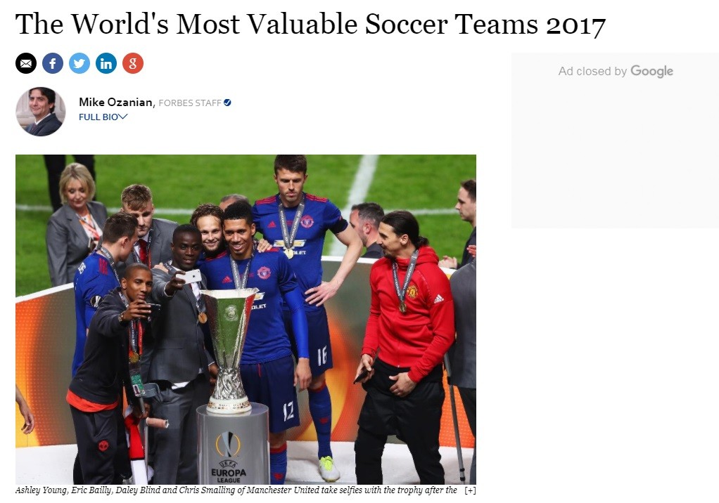 足球俱乐部品牌价值榜 曼联称雄国米位列第18