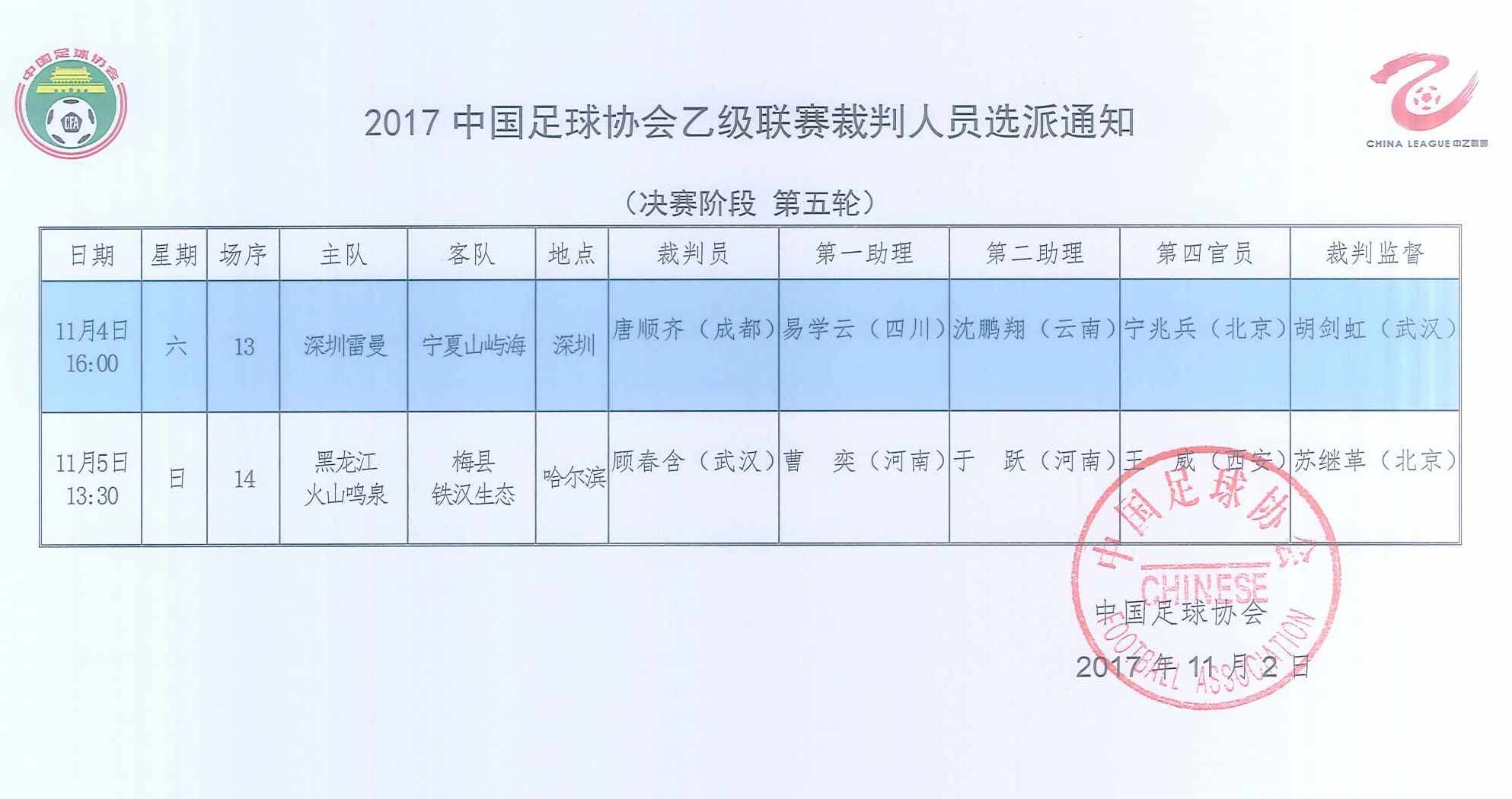 中乙裁判安排:顾春含执法决赛,唐顺齐执法季军