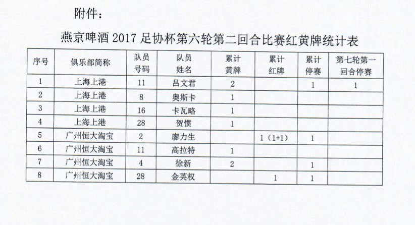 燕京啤酒2017中国足协杯决赛首回合停赛人员