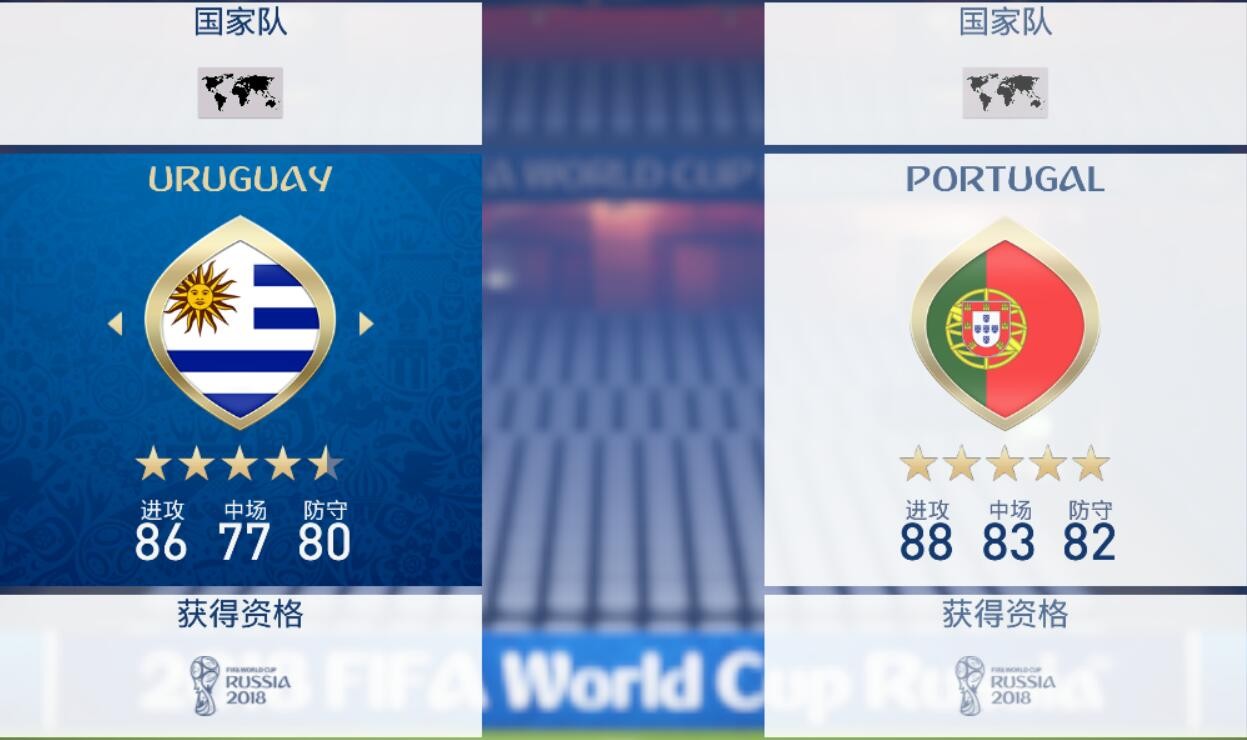 FIFA 18数据对比:四星半乌拉圭VS五星葡萄牙