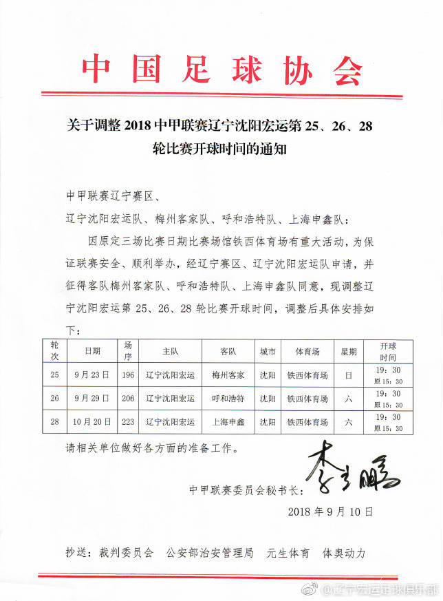 【公告】关于调整2018中甲联赛辽宁沈阳宏运