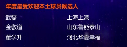 中超年度最受欢迎本土球员候选:武磊、金敬道